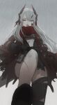  1girl absurdres alpha:_crimson_abyss_(pgr) alpha_(pgr) asymmetrical_legwear bandaged_leg bandages black_shoes breasts closed_mouth cloud cloudy_sky commentary_request from_below gi_ra1 grey_hair headgear highres jacket long_hair looking_at_another looking_at_viewer medium_breasts mismatched_legwear open_clothes open_jacket outdoors punishing:_gray_raven rain red_eyes red_jacket red_scarf scar scar_on_leg scarf shoes sky solo underboob 