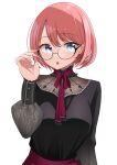  1girl :o absurdres adjusting_eyewear black-framed_eyewear black_shirt blue_eyes bob_cut breasts commentary_request glasses highres hololive large_breasts long_sleeves looking_at_viewer missing_wings neck_ribbon official_alternate_costume official_alternate_hairstyle open_mouth pink_hair ramkilog red_ribbon ribbon shirt short_hair simple_background solo takane_lui takane_lui_(casual) upper_body virtual_youtuber white_background 
