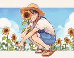  1boy black_hair blue_shorts chunafishy commentary english_commentary flower full_body grin hat letterboxed looking_at_viewer male_focus monkey_d._luffy one_piece sandals scar scar_on_cheek scar_on_face shirt short_hair shorts smile solo squatting straw_hat sunflower watermark white_shirt 