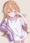  1girl absurdres blush commentary_request highres holding holding_pillow konoe_kanata long_hair love_live! love_live!_nijigasaki_high_school_idol_club no_pants one_eye_closed orange_hair pillow purple_eyes shirt signature simple_background sleepy solo squeans taedelame white_shirt 
