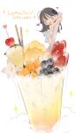  1girl ama_mitsuki banana banana_slice bikini bikini_skirt black_eyes black_hair blueberry bright_pupils cherry chibi commentary_request cup drink drinking_glass drinking_straw food fruit hair_ornament highres long_hair mango open_mouth original pineapple pineapple_slice pocky skirt smile solo strawberry swimsuit tropical_drink white_bikini white_pupils white_skirt 