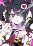 1girl :o ahiru_(kirakirafifty) alcohol ame-chan_(needy_girl_overdose) black_eyes black_hair black_nails black_ribbon black_skirt can cigarette commentary_request drink_can drinking_straw hair_ornament hair_over_one_eye heart highres holding holding_can holding_cigarette long_hair multicolored_nails nail_polish neck_ribbon needy_girl_overdose red_nails red_shirt ribbon saliva shirt skirt solo speech_bubble spoken_heart symbol-shaped_pupils tears twintails x-shaped_pupils x_hair_ornament 