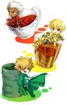  alcohol archer black_tea chibi cup fate/extra fate/stay_night fate_(series) gilgamesh glass green_tea male_focus miniboy multiple_boys robin_hood_(fate) ryou_(pixiv779953) sake simple_background tea teacup white_background yunomi 