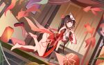  1girl :p absurdres bare_shoulders barefoot bell black_choker black_gloves black_hair breasts brown_hair choker commentary_request criss-cross_halter dress fingernails fish fox_mask from_side gloves goldfish grass halterneck hei_yubai_yuan highres honkai:_star_rail honkai_(series) japanese_clothes kneeling lantern long_hair looking_at_viewer mask mask_on_head nail_polish neck_bell paper_lantern pillow pink_eyes red_dress red_nails red_sleeves sandals single_glove smile solo sparkle_(honkai:_star_rail) stool tongue tongue_out twintails unworn_sandals 