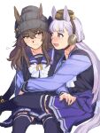  2girls :3 :d animal_ears beanie blunt_bangs blunt_ends blush bow brown_hair commentary_request ear_ornament gold_ship_(umamusume) grey_hair hair_between_eyes hand_on_another's_leg hat highres horse_ears horse_girl horse_tail horseshoe_ornament hug hug_from_side legs_on_another's_lap long_hair long_sleeves looking_at_another mary_janes medium_hair multiple_girls nakayama_festa_(umamusume) nose_blush omotil pillbox_hat pink_eyes pleated_skirt purple_sailor_collar purple_serafuku purple_skirt purple_thighhighs sailor_collar school_uniform serafuku shoes sitting sitting_on_lap sitting_on_person skirt smile tail thighhighs tracen_school_uniform umamusume white_bow winter_uniform 
