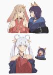  3girls absurdres animal_ears aroused_nosebleed black_choker blonde_hair blood blue_eyes blue_hair blue_hoodie brown_eyes brown_hair cho_kaguya-hime! choker collarbone collarbone_piercing colored_inner_hair commentary crescent crescent_hair_ornament fafayu fox_ears fox_girl green_eyes hair_ornament hair_rings hair_stick highres hood hood_down hoodie japanese_clothes kaguya_(cho_kaguya-hime!) kimono long_hair multicolored_hair multiple_girls nosebleed off_shoulder pink_hair purple_hair rabbit_ears rabbit_girl red_kimono runami_yachiyo sakayori_iroha simple_background sleeves_past_fingers sleeves_past_wrists twintails white_background white_hair yuri 