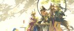  4girls absurdres arknights bare_shoulders black_coat black_hair black_hairband black_shorts black_tube_top blonde_hair blue_hair chair chinese_commentary coat commentary_request cup dao_jisland dappled_sunlight dragon_girl dragon_horns dragon_tail dress earrings eastern_dragon_horns eastern_dragon_tail flower_hairpin gloves green_gloves green_hair grey_hair grey_horns hair_between_eyes hairband hand_fan highres holding holding_fan horns jacket jewelry jie_(arknights) jun_(arknights) ling_(arknights) long_hair long_sleeves multicolored_hair multiple_girls necklace off_shoulder one_eye_closed pink_horns plum pointy_ears puffy_sleeves purple_coat red_horns short_hair shorts shu_(arknights) sitting standing strapless sunlight tail teacup teapot thigh_strap tube_top white_dress 