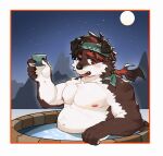  1boy absurdres animal_ears arknights bara blush brown_fur chinese_commentary commentary_request cup dog_boy dog_ears furrification furry furry_male headband highres holding holding_cup lao_jiang_(arknights) looking_at_viewer male_focus one_eye_closed open_mouth ponytail smile ye_xiang_(l3yj2vcknincza7) 