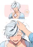  2boys :d :o absurdres antenna_hair artist_name black_streaks blade_(nu_carnival) blue_shirt blush border choker collarbone crystal eiden_(nu_carnival) eyes_visible_through_hair flower_symbol from_above happy headpat highres lazy_fish looking_at_viewer looking_up male_focus motion_lines multicolored_hair multiple_boys notice_lines nu_carnival one_eye_closed out_of_frame pink_background pov pov_hands rattail sharp_teeth shirt short_hair simple_background smile spoken_hand streaked_hair teeth v-neck white_border white_hair 