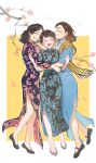  3girls ^_^ absurdres arm_around_chest bare_legs black_dress black_hair black_shoes blue_dress border branch character_request cherry_blossoms china_dress chinese_clothes chinese_commentary closed_eyes closed_mouth collared_dress commentary_request commission copyright_request curly_hair dress earrings falling_petals flats floral_print flower forehead fringe_trim full_body girl_sandwich grey_shoes grin group_hug hair_bun hand_on_another's_arm happy high_collar highres hug jewelry light_blush long_dress long_hair long_sleeves mandarin_collar mary_janes medium_hair multiple_girls no_socks outline outside_border petals pink_flower plaid_clothes plaid_shawl pointy_nose print_dress rose_print sandwiched shawl shengjiangjiejie shoes short_hair short_sleeves single_side_bun smile standing thick_eyebrows two-sided_dress two-sided_fabric white_border white_outline yellow_background yellow_shawl 