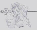  2boys blush contemporary dio_brando greyscale hood hoodie inseki jojo_no_kimyou_na_bouken jonathan_joestar male_focus monochrome multiple_boys phantom_blood shirt sketch tmblyeet yaoi 