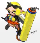  1girl artist_name bandana black_bandana black_boots black_shirt black_shorts boots closed_mouth commentary_request fingerless_gloves full_body gloves grey_gloves highres holding holding_weapon inkling inkling_girl inkling_player_character looking_at_viewer naka_(easygoing_naka) partial_commentary pointy_ears ponytail shirt shorts signature simple_background single_sidelock smile solo splat_roller_(splatoon) splatoon_(series) splatoon_3 standing t-shirt tentacle_hair weapon white_background yellow_eyes 