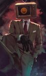  1boy artist_name black_gloves braun_(gwechul) brown_jacket brown_pants brown_vest buttons chaeillll collared_shirt dress_shirt emoji english_commentary gloves gwechul highres jacket lapels layered_sleeves male_focus necktie notched_lapels object_head pants pov red_necktie shirt solo suit_jacket suit_pants television vest waistcoat white_shirt wing_collar 
