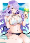  1girl alternate_costume bare_arms bare_legs bare_shoulders beach_mat bead_bracelet beads bikini blue_sky border bracelet breasts camilla_(fire_emblem) cleavage cloud cocktail_glass cosplay cup drinking_glass english_commentary female_corrin_(fire_emblem) female_corrin_(fire_emblem)_(cosplay) fire_emblem fire_emblem_cipher fire_emblem_fates full_cleavage hair_ornament hair_over_one_eye highres holding holding_cup jewelry large_breasts long_hair looking_at_viewer nail_polish navel one_eye_closed outdoors outside_border parted_bangs parted_lips purple_eyes purple_hair purple_nails rem_(eyes_410) shell shell_bikini shell_hair_ornament sideboob sitting sky smile solo stomach swimsuit thighs underboob very_long_hair wavy_hair white_border 