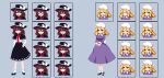  2girls :/ asymmetrical_sidelocks back_bow black_capelet black_hat black_shoes black_skirt blonde_hair bow breasts brown_eyes brown_hair capelet closed_eyes commentary_request dress expression_chart frown full_body hair_bow hat hat_bow highres long_sleeves maribel_hearn mary_janes medium_breasts mob_cap multiple_girls necktie pixel_art purple_dress red_bow red_necktie ribbon-trimmed_capelet ribbon-trimmed_skirt ribbon_trim ruru2koichi shaded_face shirt_tucked_in shoes sidelocks skirt smile socks touhou usami_renko white_bow white_hat white_socks yellow_eyes 