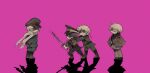  4boys ahoge aiguillette america_(hetalia) arms_behind_back axis_powers_hetalia baggy_pants belt black_belt black_boots black_hair black_hat black_jacket black_pants blue_eyes boots breast_pocket british_army brown_belt brown_boots brown_gloves brown_jacket brown_pants brown_shoes chest_belt chibi chibi_only closed_mouth commentary_request epaulettes floating_clothes from_side full_body fur-trimmed_jacket fur_trim gloves green_eyes green_hat green_jacket green_pants hachiware_(user_wwva4743) hair_between_eyes hands_in_pockets hands_on_another's_shoulders hands_up hat holding holding_sword holding_weapon imperial_japanese_army jacket japan_(hetalia) katana long_sleeves looking_at_another male_focus military military_hat military_jacket military_uniform multiple_boys no_mouth open_clothes open_jacket own_hands_together pants peaked_cap pink_background pocket purple_eyes russia_(hetalia) scarf shaded_face shadow shoes short_hair simple_background smile soviet_army sparkle standing star_(symbol) star_print sweatdrop sword trembling united_kingdom_(hetalia) united_states_army v-shaped_eyebrows weapon white_hair white_scarf 
