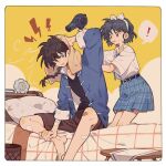  1boy 1girl :o ;o anger_vein belt black_belt blue_eyes blue_hair blue_skirt braid brown_eyes brown_hair brown_shorts chinese_clothes hair_dryer hairband highres holding holding_hair_dryer holding_towel on_bed one_eye_closed open_mouth plaid_clothes plaid_skirt ranma_1/2 saotome_ranma saotome_ranma_(male) shirt short_hair shorts single_bare_foot single_braid siyer skirt spoken_anger_vein table tangzhuang tendou_akane towel white_hairband white_shirt 