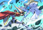  aerial_bomb armor belt belt_buckle blonde_hair blue_leotard bomb boots breasts buckle cape ccccockroachst cendrillmon clash coat colored_skin commentary_request commission covered_eyes digimon digimon_(creature) duel dukemon explosive floral_print fur_coat green_helmet helmet helmet_over_eyes highres holding holding_polearm holding_shield holding_weapon knight lance leotard long_hair no_humans parachute parrying polearm print_leotard red_cape rose_print rubble shield shoulder_armor signature stuffed_animal stuffed_mouse stuffed_toy thigh_boots weapon white_armor white_skin 