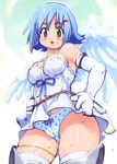  angel_wings asymmetrical_wings blue_hair blush bow breasts curvy elbow_gloves gloves green_eyes hands_on_hips huge_breasts nanael open_mouth panties polka_dot polka_dot_panties queen's_blade solo sweat thick_thighs thighhighs thighs underwear wide_hips wings yu_3 