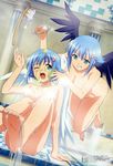  absurdres asymmetrical_wings back_scrubber barefoot blue_hair breasts brush censored cleavage dual_persona feet green_eyes hair_ornament hairclip highres ishibashi_yukiko medium_breasts megami multiple_girls nanael nude official_art oil one_eye_closed open_mouth queen's_blade soles time_paradox toes washing water wet wings 