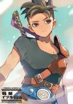  armor black_hair black_undershirt blue_sky closed_mouth commentary_request dragon_quest dragon_quest_xii exhausted hero_(dq12) kuzuno_ha leather_armor mohawk pants shaved_head single_shoulder_pad single_sleeve sky spiked_hair sword sword_on_back toned weapon weapon_on_back yellow_pants 