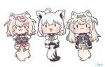  3girls :3 ahoge animal_ears bandaid bandaid_hair_ornament black_socks black_thighhighs blonde_hair blue_hairband blue_neckerchief blue_streaks blue_thighhighs blush_stickers braid chibi commentary_request crossed_bangs dog_ears dog_girl dog_tail dress fake_horns fishnet_socks fishnet_thighhighs fishnets fox_ears fox_girl fox_tail full_body fur-trimmed_jacket fur_trim fuwawa_abyssgard fuwawa_abyssgard_(1st_costume) hair_between_eyes hair_ornament hairband hairclip highres hololive hololive_english horn_hairband horns jacket long_hair looking_at_viewer medium_hair mococo_abyssgard mococo_abyssgard_(1st_costume) multicolored_hair multiple_girls neckerchief open_mouth pink_hair pink_hairband pink_shorts pink_thighhighs sakeno2nd shirakami_fubuki shirakami_fubuki_(1st_costume) shorts simple_background single_braid single_sock single_thighhigh sleeves_past_fingers sleeves_past_wrists socks solid_oval_eyes streaked_hair tail thighhighs virtual_youtuber white_background white_dress white_hair white_jacket x_hair_ornament 