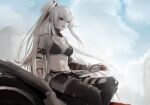  1girl absurdres alpha:_crimson_weave_(pgr) alpha_(pgr) blue_eyes breasts building cloud cloudy_sky commentary_request day gi_ra1 hair_between_eyes hand_on_hilt heterochromia highres long_hair looking_at_viewer medium_breasts midriff motor_vehicle motorcycle navel on_motorcycle outdoors parted_lips ponytail punishing:_gray_raven red_eyes ruins sitting sky solo sword very_long_hair weapon white_background 