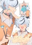  1boy :d :q absurdres antenna_hair badge black_choker black_streaks blade_(nu_carnival) blush button_badge choker covered_eyes crystal eyes_visible_through_hair hair_over_eyes hands_on_own_hips happy highres holding holding_paintbrush lazy_fish male_focus multicolored_hair multiple_views notice_lines nu_carnival orange_sweater_vest paint_on_body paint_on_fingers paintbrush painting_(object) sharp_teeth shirt smile sparkle streaked_hair sweater_vest teeth tongue tongue_out twitter_username white_background white_hair white_shirt wiping_face 