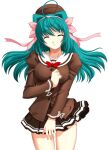  1girl 2000s_(style) ahoge aqua_hair ayahime_kurumi bow closed_eyes game_asset green_hair hair_ribbon hat impossible_clothes impossible_jacket jacket large_variant_set long_hair mahou_senshi_(series) mahou_senshi_lemmtear_knights non-web_source official_art ribbon saitou_natsuki school_uniform self-datamine simple_background skirt solo tachi-e transparent_background variant_set 