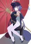  1girl absurdres alternate_legwear bare_shoulders bell blue_archive blue_dress blue_eyes braid braided_bun breasts butterfly_hair_ornament china_dress chinese_clothes chinese_commentary coat coat_partially_removed commentary_request double_bun dragon_print dress full_body grey_halo hair_bun hair_ornament halo hand_up haru_(ita_musume) high_heels highres jingle_bell kisaki_(blue_archive) long_hair looking_at_viewer on_stool pantyhose pelvic_curtain print_dress purple_coat purple_hair side_slit simple_background sitting sleeveless sleeveless_dress small_breasts solo stool striped_coat thighband_pantyhose tools torn_clothes torn_pantyhose twintails umbrella vertical-striped_coat white_background white_pantyhose 