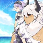  1boy 1girl ark_kan asterios_(fate) black_choker black_horns black_sclera blue_sky blurry blurry_background bracelet choker closed_mouth cloud colored_sclera commentary_request copyright_name dated day dress euryale_(fate) fate/grand_order fate_(series) hairband horns jewelry lolita_hairband necklace ocean open_mouth outdoors purple_eyes purple_hair red_eyes scar sitting_on_shoulder sky water white_dress white_hair 