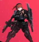  1girl absurdres ammunition_pouch assault_rifle brown_hair cqcnorthfish gun headphones highres mecha_musume military_combat_uniform military_uniform original pouch rifle shield sig_mcx sig_sauer stun_grenade tactical_clothes weapon 
