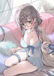  1girl babydoll blue_babydoll blush breasts brown_cardigan cardigan choker cleavage collarbone commentary_request controller frilled_shorts frilled_thigh_strap frills from_above front_slit game_controller genjitsu_pirika glasses green_eyes grey_hair hair_ornament hair_rings hairclip heart heart-shaped_pillow highres holding holding_controller holding_game_controller hololive indoors jewelry lace-trimmed_choker lace_trim large_breasts light_smile long_sleeves looking_at_viewer looking_over_eyewear medium_hair navel necklace official_alternate_costume official_alternate_hairstyle open_cardigan open_clothes pillow shirogane_noel shirogane_noel_(sleepwear) shorts single_bare_shoulder single_hair_ring sitting solo stomach thigh_strap virtual_youtuber 