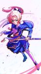  1girl absurdres black_bow blue_eyes blue_shoes bow hair_bow hand_on_sheath highres leggings milo_monzon pink_hair pointy_ears ponytail protagonist_(xenoblade_genesis) shoes solo sword weapon white_leggings xenoblade_chronicles_(series) xenoblade_genesis 