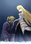  1boy 1girl archetype_earth arcueid_brunestud bare_shoulders blonde_hair blue_skirt breasts cassock chiizu_ore cleavage commentary_request curtained_hair detached_sleeves dress empty_eyes field floating_clothes floating_hair flower flower_field from_side glasses gold_trim hair_intakes highres kiss kissing_hand long_hair long_sidelocks long_skirt looking_at_another looking_down michael_roa_valdamjong michael_roa_valdamjong_(human) night on_one_knee ponytail priest red_eyes shaded_face sidelocks sketch skirt standing tsukihime very_long_hair wavy_sidelocks white_dress white_sleeves wind 
