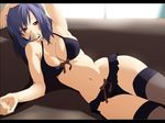  arm_up armpits black_legwear blush bow bow_bra bow_panties bra breasts cleavage large_breasts lingerie lying mouth_hold navel on_side panties purple_hair red_eyes shin'ya_(nanp) solo thigh_gap thighhighs touhou underwear underwear_only yasaka_kanako 