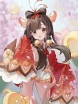  1girl :o absurdres azur_lane bare_shoulders black_sailor_collar blush bow bowtie breasts brown_eyes brown_hair commentary_request dropped_food feather_hair_ornament feathers hair_ornament hair_tie hand_up highres ice_cream_cone japanese_clothes kimono long_hair looking_at_viewer miniskirt open_clothes open_kimono outdoors pleated_skirt red_bow red_bowtie red_kimono sailor_collar school_uniform serafuku shirt skirt sleeves_past_wrists small_breasts solo standing staring surprised teeth thighhighs upper_teeth_only very_long_hair white_serafuku white_shirt white_skirt wide_sleeves xiyu_(52710106) zuihou_(azur_lane) 