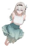  1girl absurdres adapted_costume alternate_costume aqua_pupils arms_behind_back artist_name barefoot black_hairband blush breasts casual closed_mouth collarbone contemporary feet firefly_(honkai:_star_rail) foreshortening full_body grey_hair hair_between_eyes hair_intakes hair_ornament hairband highres honkai:_star_rail honkai_(series) large_breasts light_smile long_hair looking_at_viewer melowh multicolored_hair pleated_skirt purple_eyes simple_background skirt sleeveless smile solo toes white_background 