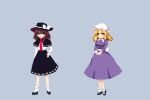  2girls asymmetrical_sidelocks back_bow black_capelet black_hat black_shoes black_skirt blonde_hair bow breasts brown_eyes brown_hair capelet commentary commentary_request dress full_body grey_background hair_bow hat hat_bow highres long_sleeves maribel_hearn mary_janes medium_breasts mob_cap multiple_girls necktie pixel_art purple_dress red_bow red_necktie ribbon-trimmed_capelet ribbon-trimmed_skirt ribbon_trim ruru2koichi shirt_tucked_in shoes sidelocks skirt smile socks touhou untranslatable_commentary usami_renko white_bow white_hat white_socks yellow_eyes 