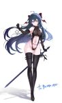  1girl absurdres ahoge armpit_crease bare_shoulders belt black_gloves black_hair black_one-piece_swimsuit black_shoes black_thighhighs bow breasts cameltoe chain collar commentary_request commission detached_sleeves floating_hair full_body gadeung_hye gloves grin hair_bow head_wings highleg highleg_one-piece_swimsuit highres holding holding_sword holding_weapon korean_commentary leash long_hair long_sleeves looking_at_viewer medium_breasts multicolored_eyes navel one-piece_swimsuit original pink_eyes red_collar revealing_clothes second-party_source shoes simple_background skindentation smile solo standing stomach stomach_tattoo swimsuit sword tattoo thigh_belt thigh_strap thighhighs thighs two-tone_eyes very_long_hair weapon white_background wings 