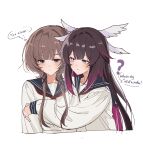  2girls ? absurdres alternate_costume black_hair black_ribbon blue_eyes blue_sailor_collar blush brown_hair closed_mouth columbina_(genshin_impact) contemporary english_commentary english_text genshin_impact hair_ornament hair_ribbon halation_pupils head_wings highres hug long_hair long_sidelocks long_sleeves multicolored_hair multiple_girls multiple_wings neckerchief purple_eyes purple_hair purple_streaks red_neckerchief ribbon sailor_collar sandrone_(genshin_impact) school_uniform serafuku short_hair_with_long_locks sidelocks simple_background speech_bubble streaked_hair thought_bubble two-tone_hair unusually_open_eyes very_long_hair white_background white_wings wing_hair_ornament wings xu_(anniechika) yuri 