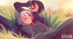  2girls android ariane_yeong artist_name barcode black_hair black_jacket commentary day dead_finch elster_(signalis) english_commentary grass grin hand_up happy highres jacket laughing lying lying_on_person multiple_girls on_back open_mouth outdoors red_eyes short_hair signalis smile white_hair yuri 
