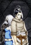 >:( 1boy 1girl back-to-back belt black_hair blue_dress body_horror breasts brown_robe dark_background demon_girl dress from_side futomimi_(megami_tensei) grey_eyes highres long_hair marureenu monster_arm robe rope_belt sash shin_megami_tensei shin_megami_tensei_iii:_nocturne sleeveless sleeveless_dress tachibana_chiaki_(megami_tensei) topknot traditional_media v-shaped_eyebrows white_hair white_sash yellow_eyes 