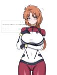  1girl amate_yuzuriha amate_yuzuriha_(cosplay) aresta_(nourawaza) black_gloves blush breasts commentary_request cosplay gloves gundam gundam_gquuuuuux gundam_unicorn highres in-franchise_crossover large_breasts looking_at_viewer marida_cruz mecha_pilot_suit normal_suit_(gundam) orange_hair short_hair simple_background solo standing translation_request white_background 