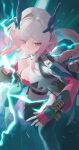  1girl absurdres arknights arknights:_endfield blue_horns boots breasts cleavage closed_mouth commentary_request demon_girl demon_horns fingerless_gloves gloves gourd green_boots hair_over_one_eye highres horns jinsei_tsuraiman large_breasts looking_at_viewer medium_hair mi_fu_(arknights) mole mole_on_breast mole_under_eye pink_eyes pink_hair pointy_ears red_gloves solo tail thigh_boots thigh_strap 