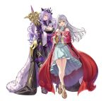  2girls absurdres armor armored_boots bare_shoulders boots breasts bridal_gauntlets camilla_(fire_emblem) camilla_(light_of_nohr)_(fire_emblem) cape circlet cleavage closed_mouth commentary_request curly_hair detached_sleeves dress fire_emblem fire_emblem:_radiant_dawn fire_emblem_fates fire_emblem_heroes full_body fur_trim gauntlets gloves grey_hair hair_ornament hair_over_one_eye hair_tubes highres holding jewelry large_breasts lips long_hair long_sleeves looking_at_viewer micaiah_(fire_emblem) micaiah_(queen_of_dawn)_(fire_emblem) multiple_girls official_art okuma_mai open_mouth purple_hair red_eyes solo staff tiara transparent_background white_hair wide_sleeves yellow_eyes 