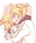  !? 1boy 1girl antenna_hair blonde_hair blue_eyes blush border closed_eyes commentary_request cropped_shirt detached_sleeves double-parted_bangs fingerless_gloves from_side g_hana gloves grey_sailor_collar height_difference highres hood hood_down hooded_jacket hug jacket kagamine_len kagamine_len_(nt) kagamine_rin kagamine_rin_(nt) kiss long_sleeves medium_hair one_side_up outline parted_bangs pink_background ponytail sailor_collar shirt short_hair short_ponytail sidelocks sleeveless sleeveless_shirt sleeves_past_wrists spoken_interrobang surprised variant_set vocaloid white_border white_gloves white_jacket white_outline white_shirt 