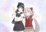  2girls ajinofry_hbr black_hair black_sailor_collar closed_mouth commentary_request green_eyes grey_hair heaven_burns_red long_hair looking_at_viewer multiple_girls natsume_inori natsume_inori_(lapis_lazuli_adolescence) ogasahara_hisame ogasahara_hisame_(garnet_dusklight) ponytail sailor_collar school_uniform sweater_vest twintails v yellow_eyes 