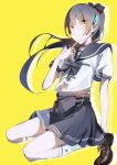  1girl absurdres black_bow black_bowtie black_hair black_sailor_collar black_shoes bow bowtie commentary_request green_eyes heaven_burns_red highres htpny long_hair natsume_inori natsume_inori_(lapis_lazuli_adolescence) sailor_collar school_uniform shoes sitting wariza 