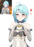  1girl 4kebidayo absurdres ahoge bare_shoulders blue_eyes blue_hair blush commentary_request detached_sleeves elbow_gloves flower_hairpin flower_ornament game_screenshot_inset gloves hair_ornament hairclip heart heart_hands highres looking_at_viewer mole mole_on_shoulder screenshot_inset see-through_clothes see-through_dress_layer seed_(zenless_zone_zero) smile solo standing suit white_background white_gloves white_suit zenless_zone_zero 